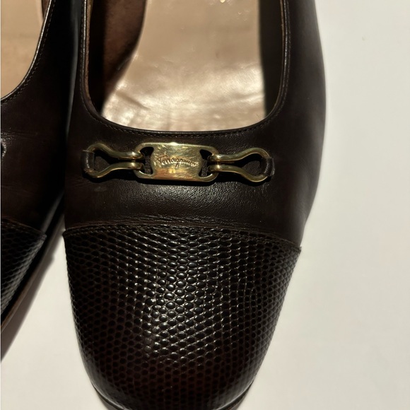 Salvatore Ferragamo Dark Brown Leather Low Heel with Gold - Picture 2 of 4